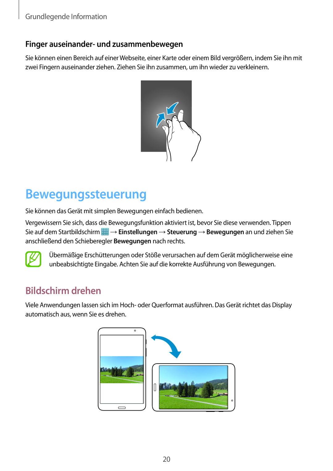 Samsung SM-T320NZWADBT, SM-T320NZKAATO manual Bewegungssteuerung, Bildschirm drehen, Finger auseinander- und zusammenbewegen 