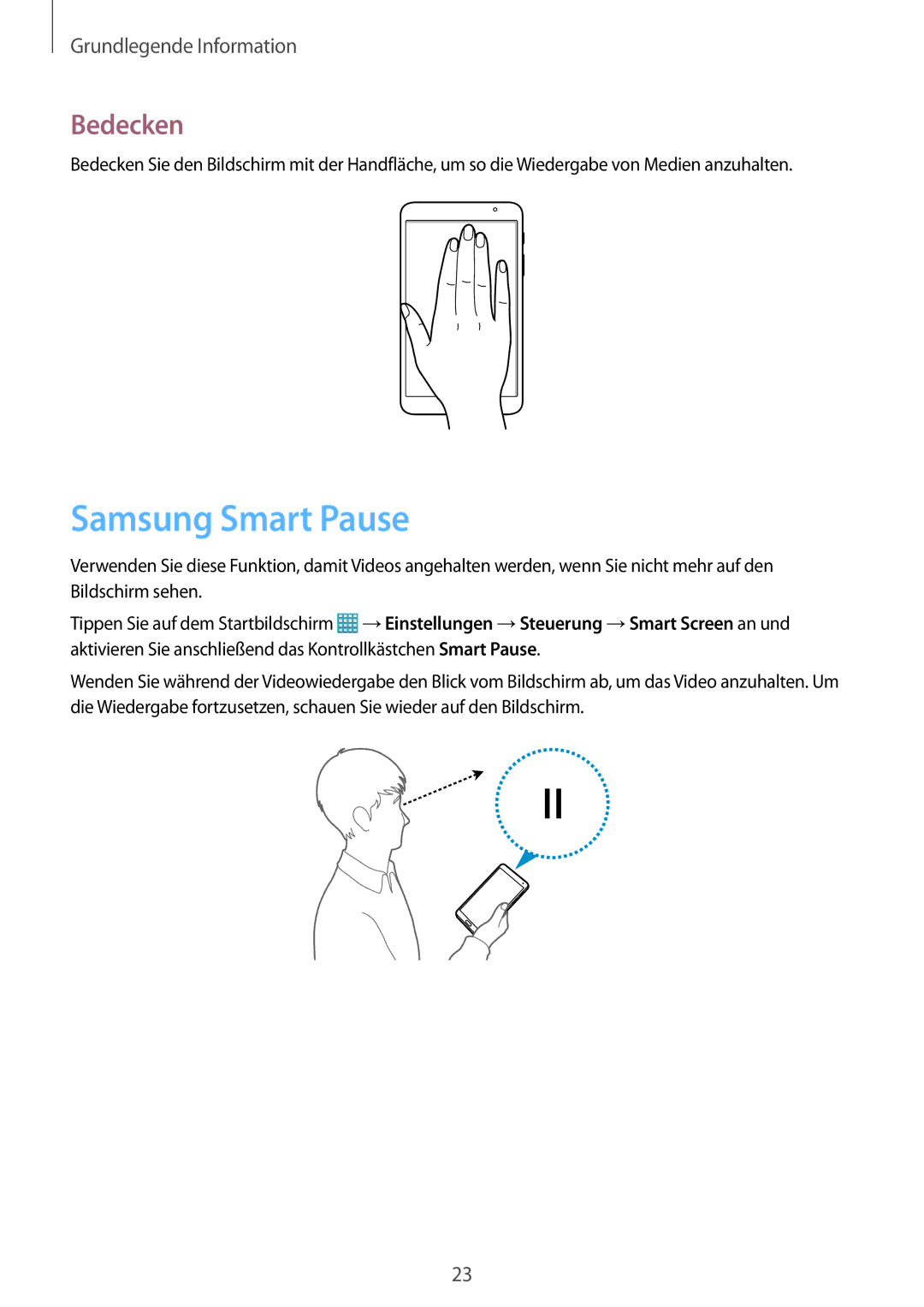 Samsung SM-T320NZWAXEF, SM-T320NZKAATO, SM-T320NZKATUR, SM-T320NZWATUR, SM-T320NZKATPH manual Samsung Smart Pause, Bedecken 