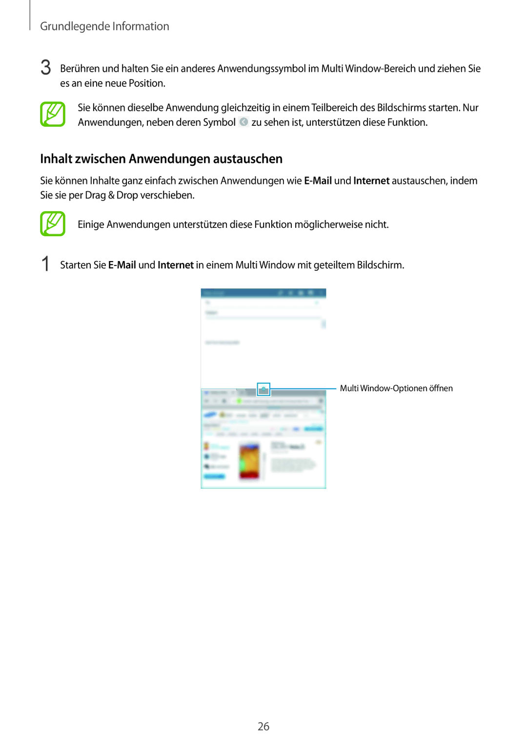 Samsung SM-T320NZWATUR, SM-T320NZKAATO, SM-T320NZKATUR, SM-T320NZKATPH manual Inhalt zwischen Anwendungen austauschen 