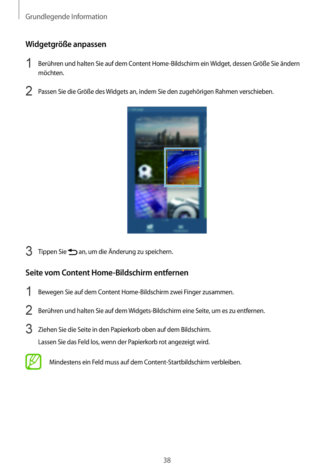 Samsung SM-T320NZWATUR, SM-T320NZKAATO, SM-T320NZKATUR Widgetgröße anpassen, Seite vom Content Home-Bildschirm entfernen 