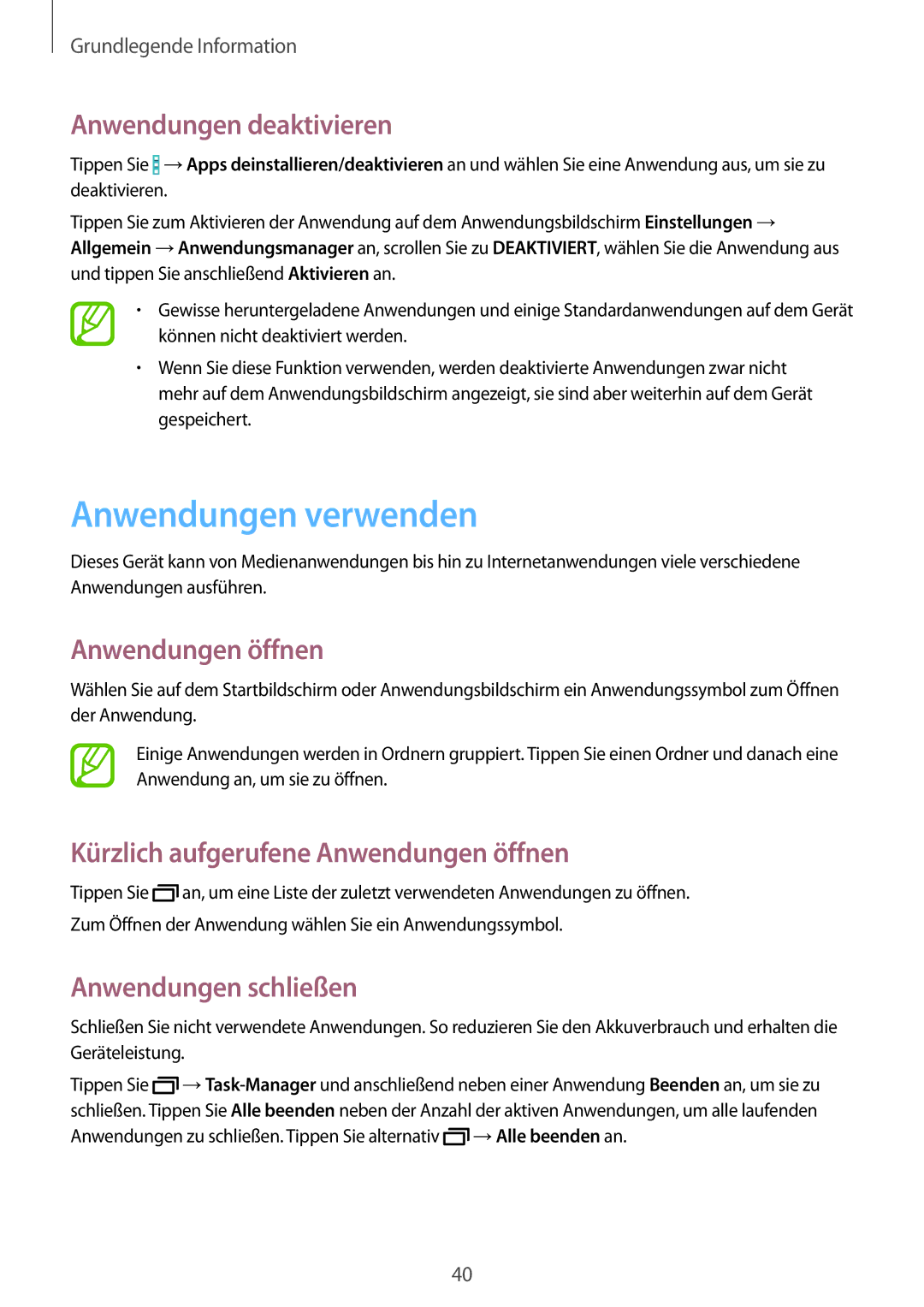 Samsung SM-T320NZWATPH manual Anwendungen verwenden, Anwendungen deaktivieren, Anwendungen öffnen, Anwendungen schließen 