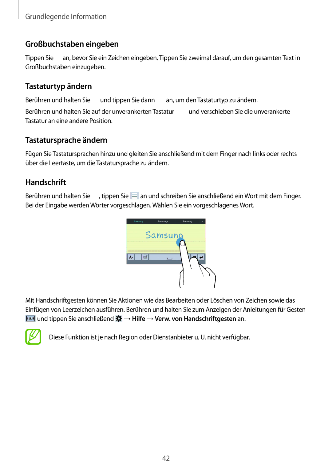 Samsung SM-T320XZWADBT, SM-T320NZKAATO Großbuchstaben eingeben, Tastaturtyp ändern, Tastatursprache ändern, Handschrift 