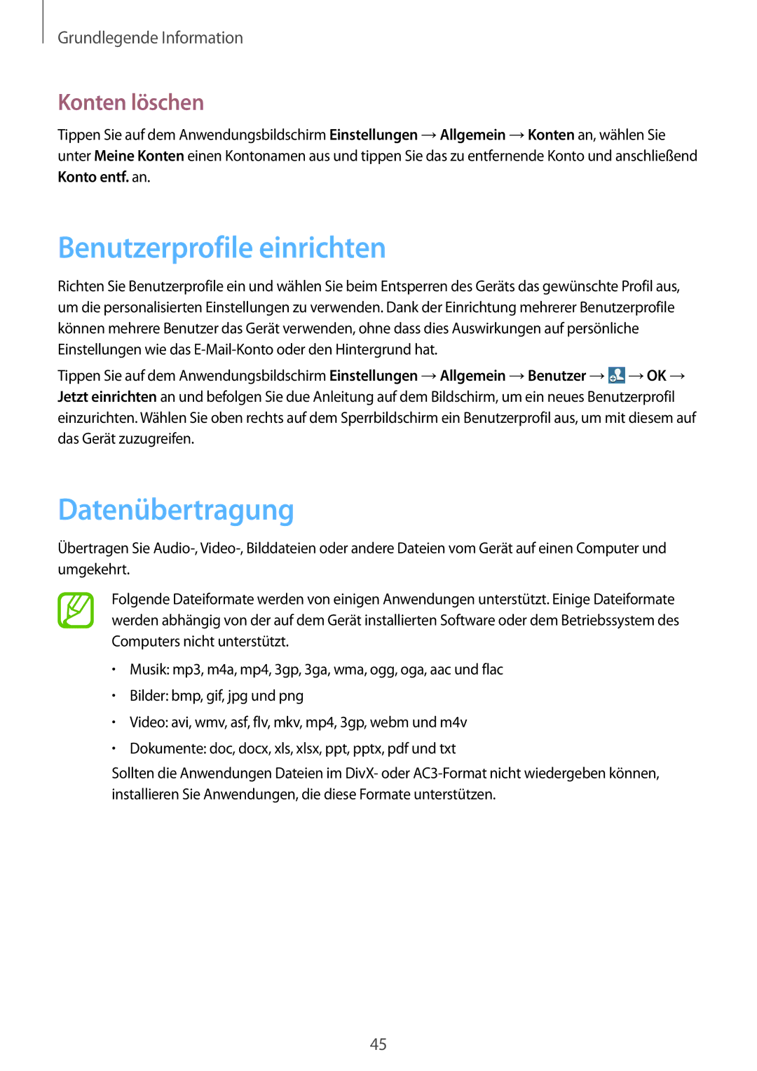 Samsung SM-T320NZKADBT, SM-T320NZKAATO, SM-T320NZKATUR manual Benutzerprofile einrichten, Datenübertragung, Konten löschen 