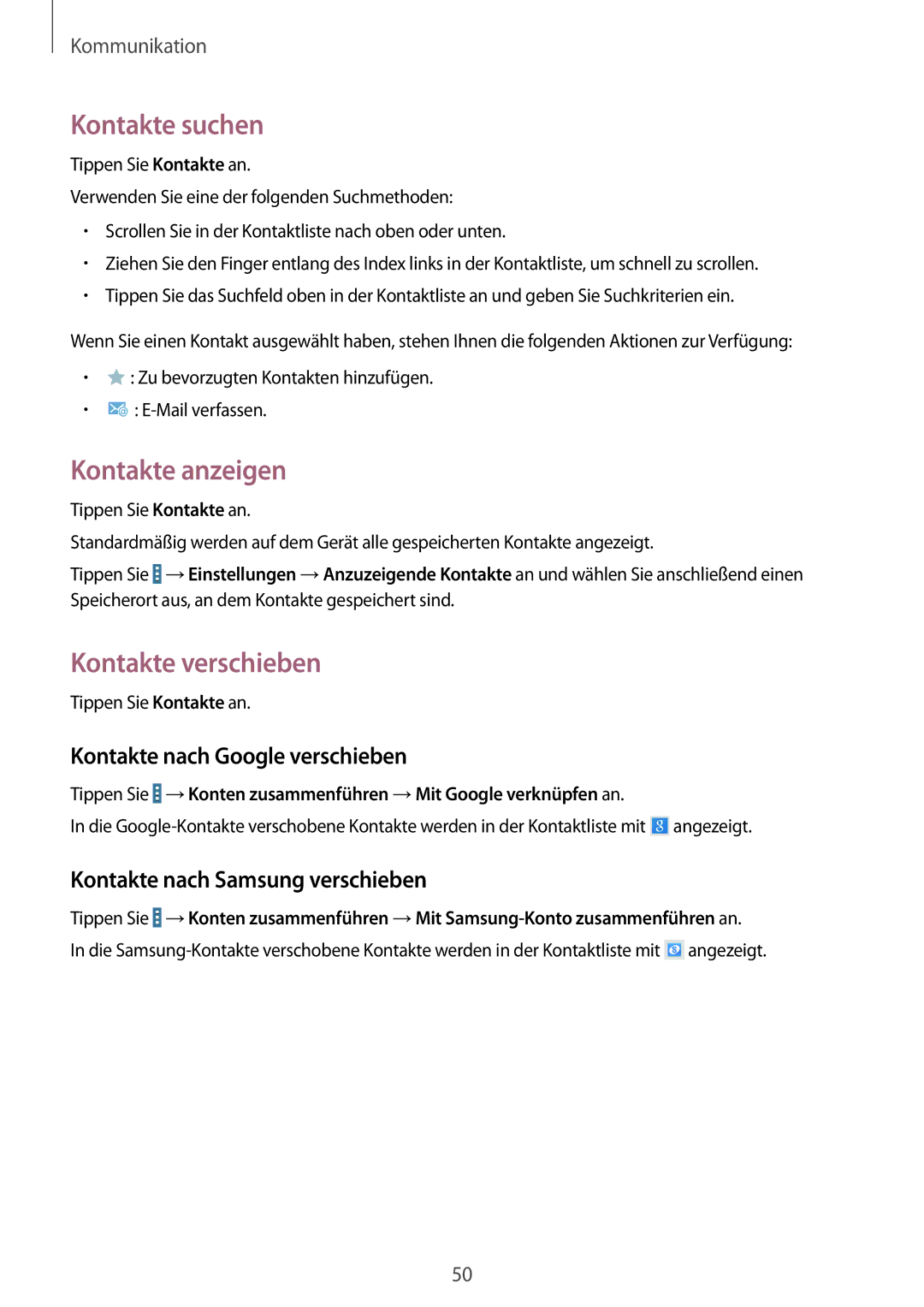 Samsung SM-T320NZWATUR manual Kontakte suchen, Kontakte anzeigen, Kontakte verschieben, Kontakte nach Google verschieben 