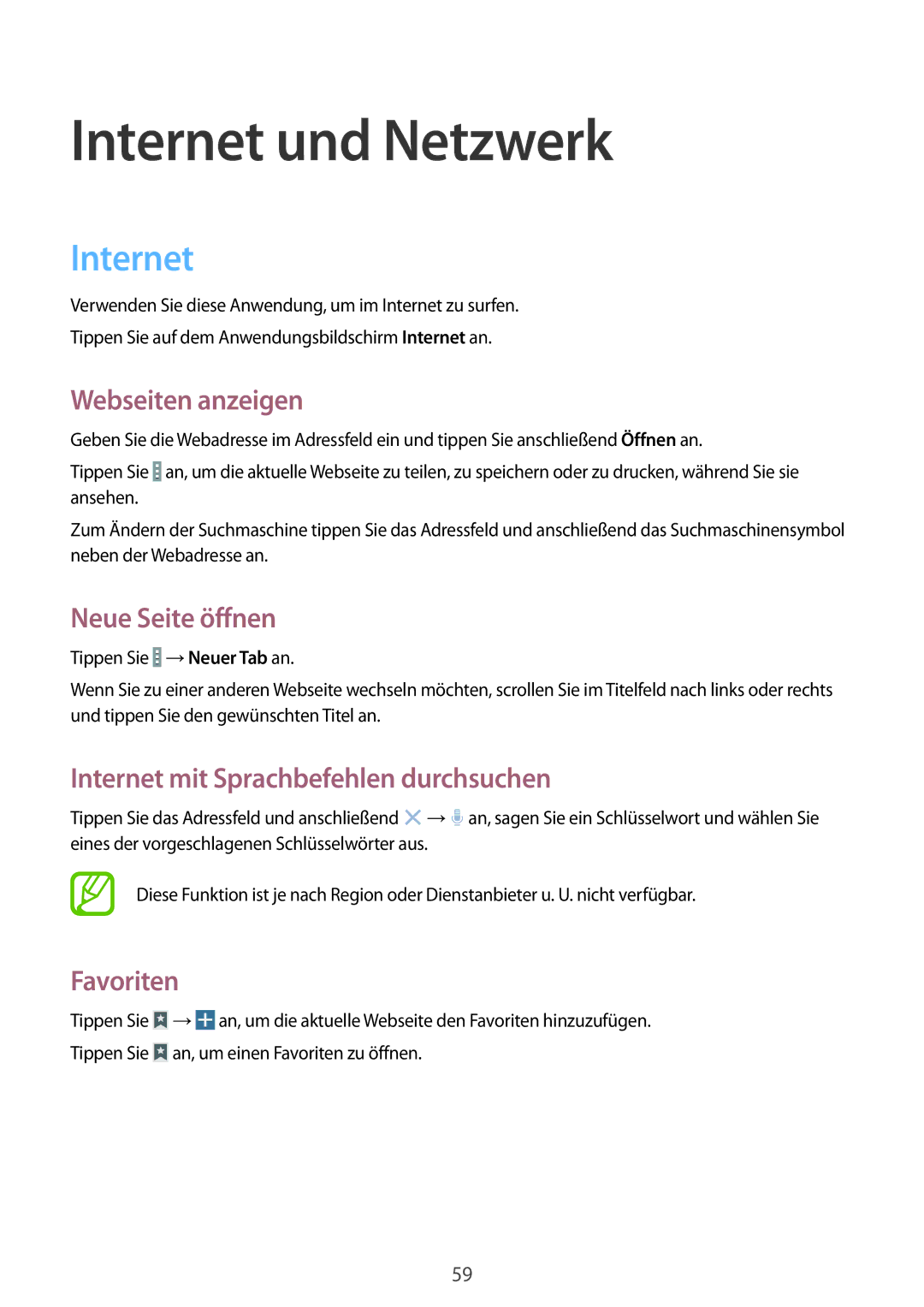 Samsung SM-T320NZWAXEF manual Webseiten anzeigen, Neue Seite öffnen, Internet mit Sprachbefehlen durchsuchen, Favoriten 