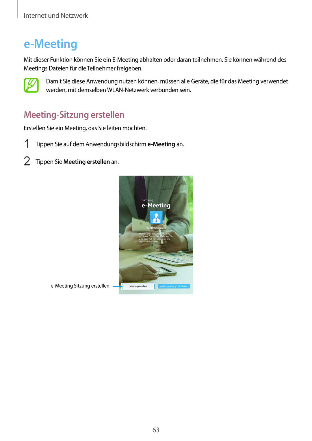 Samsung SM-T320NZKATPH, SM-T320NZKAATO, SM-T320NZKATUR manual Meeting-Sitzung erstellen, Tippen Sie Meeting erstellen an 