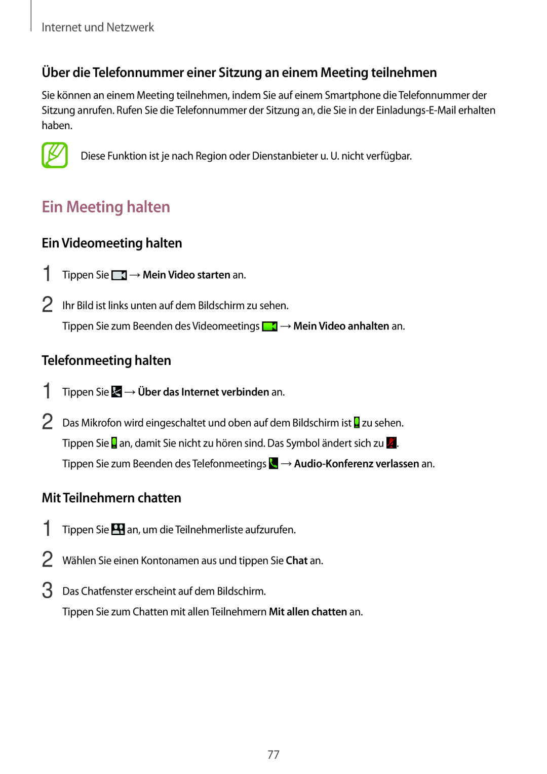 Samsung SM-T320NZWAATO manual Ein Meeting halten, Ein Videomeeting halten, Telefonmeeting halten, Mit Teilnehmern chatten 