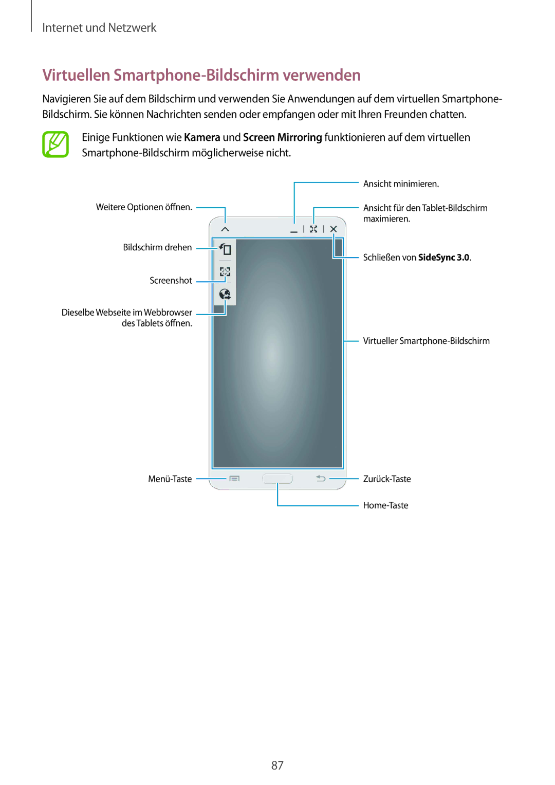 Samsung SM-T320NZKATPH, SM-T320NZKAATO, SM-T320NZKATUR, SM-T320NZWATUR manual Virtuellen Smartphone-Bildschirm verwenden 