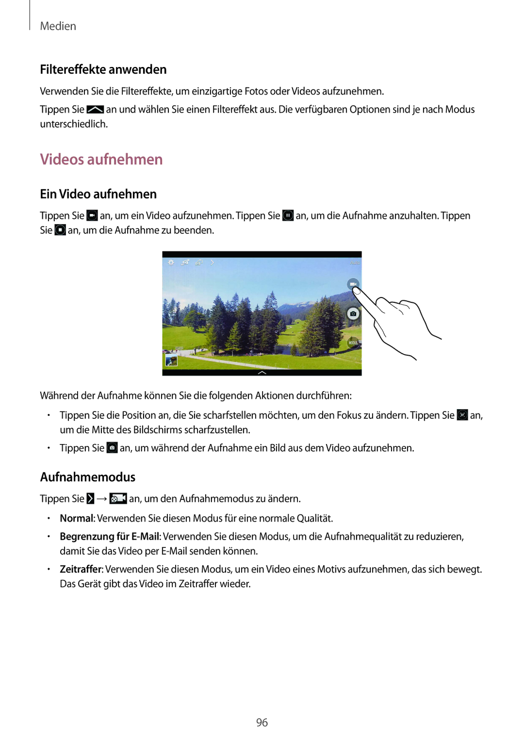 Samsung SM-T320NZKAATO, SM-T320NZKATUR, SM-T320NZWATUR manual Videos aufnehmen, Filtereffekte anwenden, Ein Video aufnehmen 