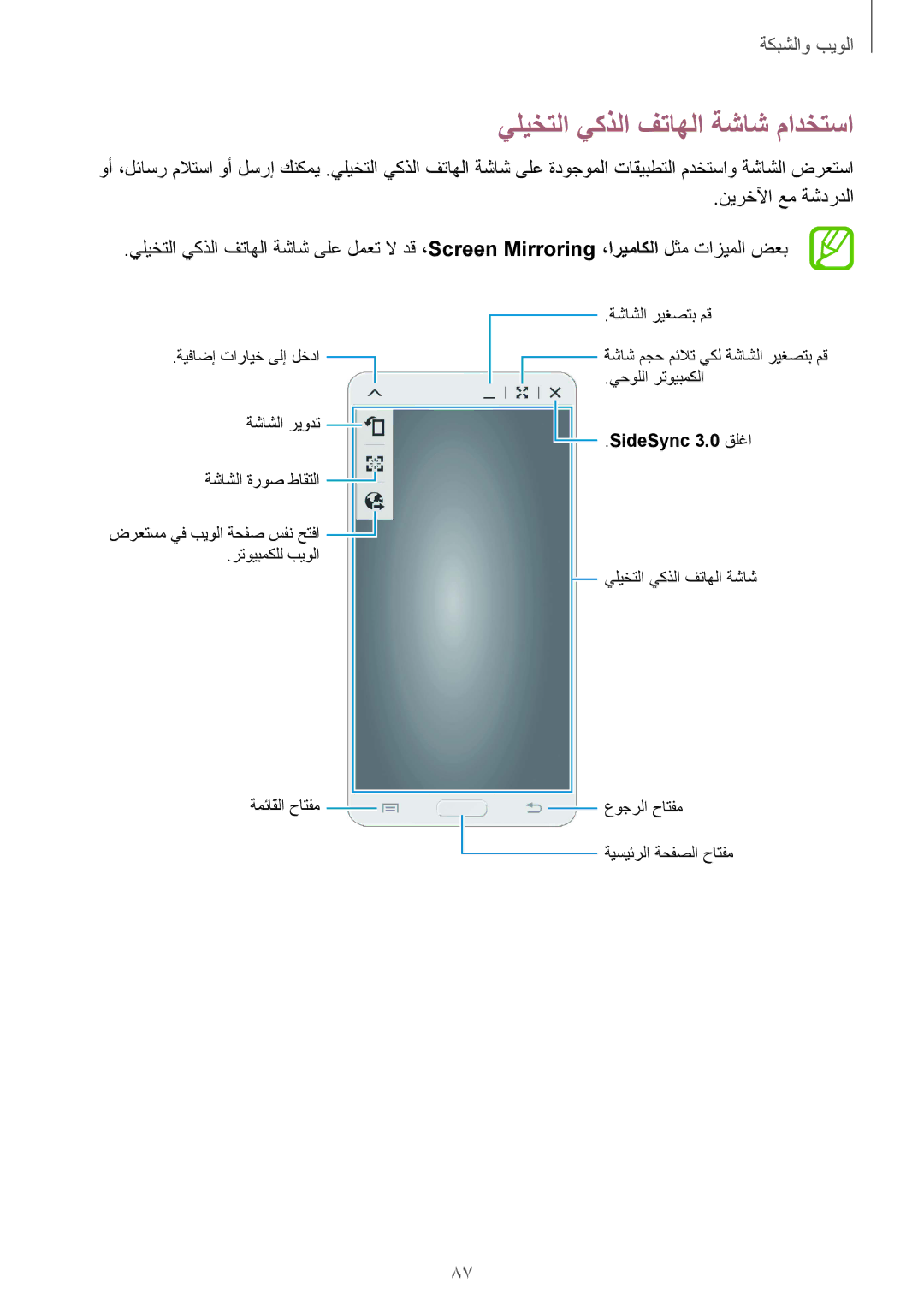 Samsung SM-T320NZKAXSG, SM-T320NZKAKSA, SM-T320NZWAKSA, SM-T320NZWAEGY, SM-T320NZWAXSG manual يليختلا يكذلا فتاهلا ةشاش مادختسا 