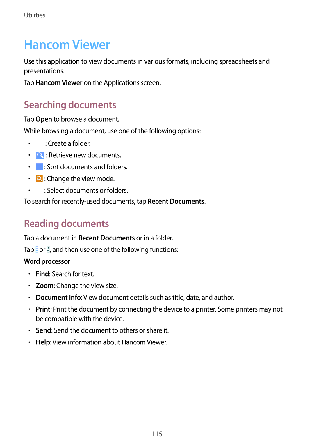 Samsung SM-T320NZWAKSA, SM-T320NZKAKSA manual Hancom Viewer, Searching documents, Reading documents, Word processor 