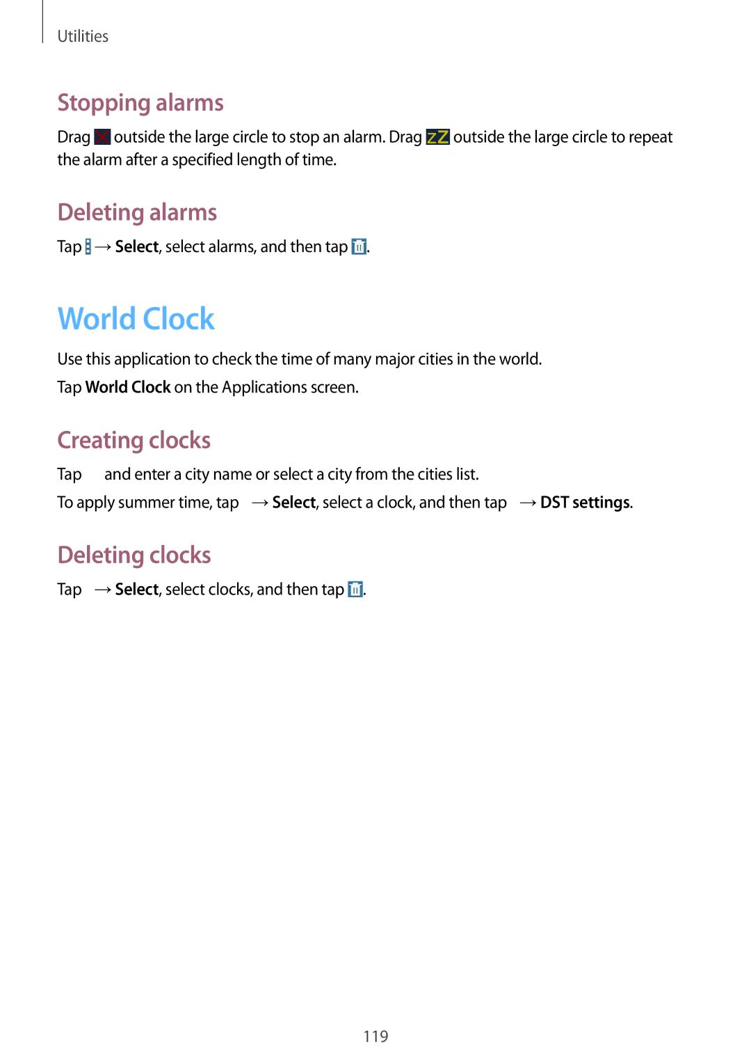 Samsung SM-T320NZKAEGY, SM-T320NZKAKSA World Clock, Stopping alarms, Deleting alarms, Creating clocks, Deleting clocks 