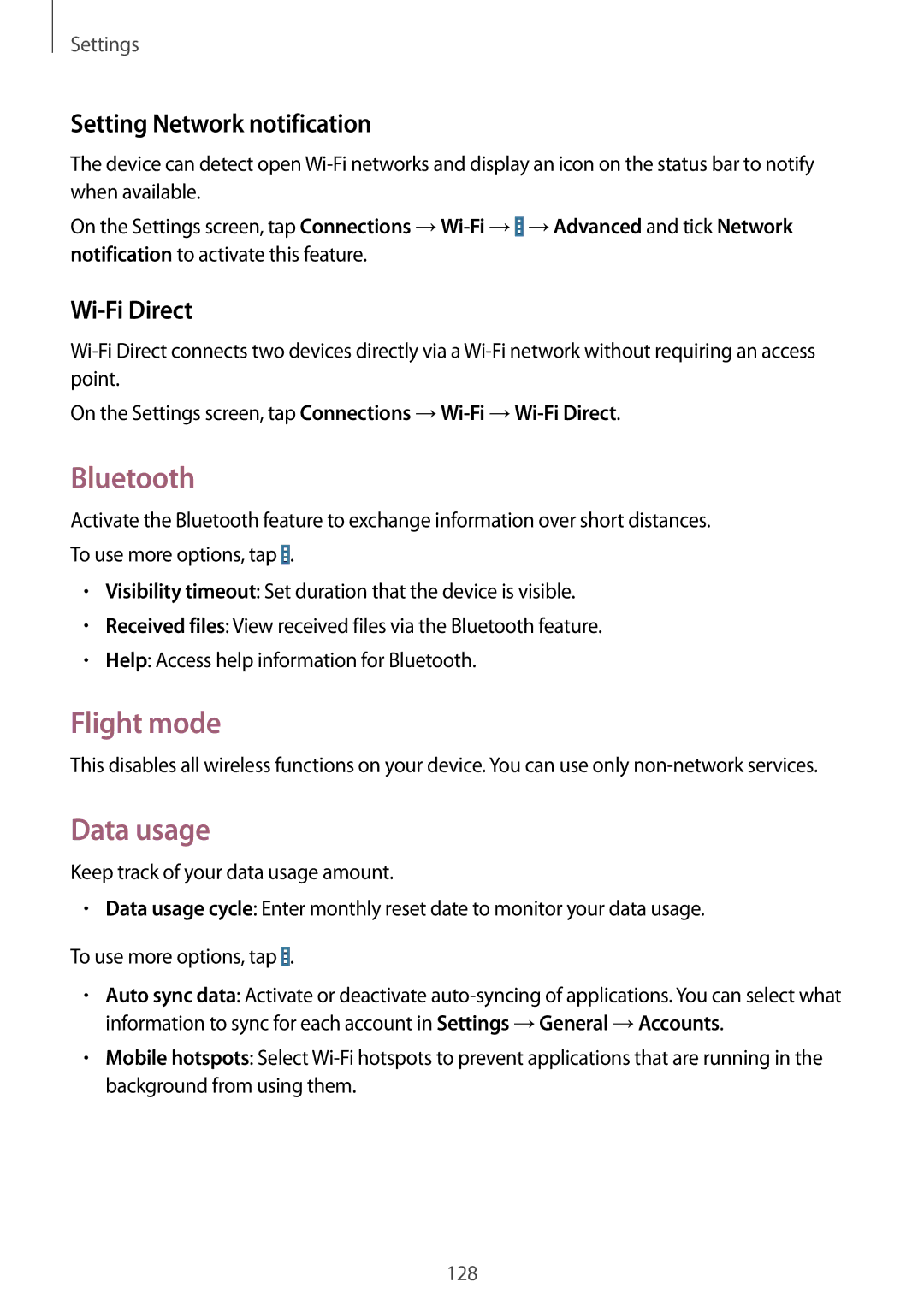 Samsung SM-T320NZWAEGY, SM-T320NZKAKSA manual Bluetooth, Flight mode, Data usage, Setting Network notification, Wi-Fi Direct 