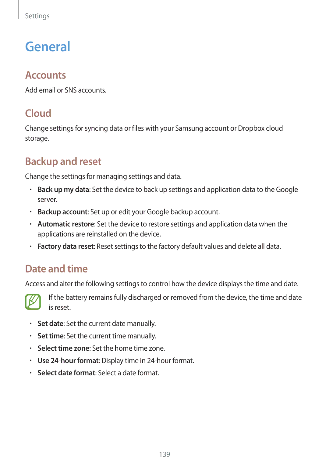 Samsung SM-T320NZWAKSA, SM-T320NZKAKSA, SM-T320NZWAEGY manual General, Accounts, Cloud, Backup and reset, Date and time 