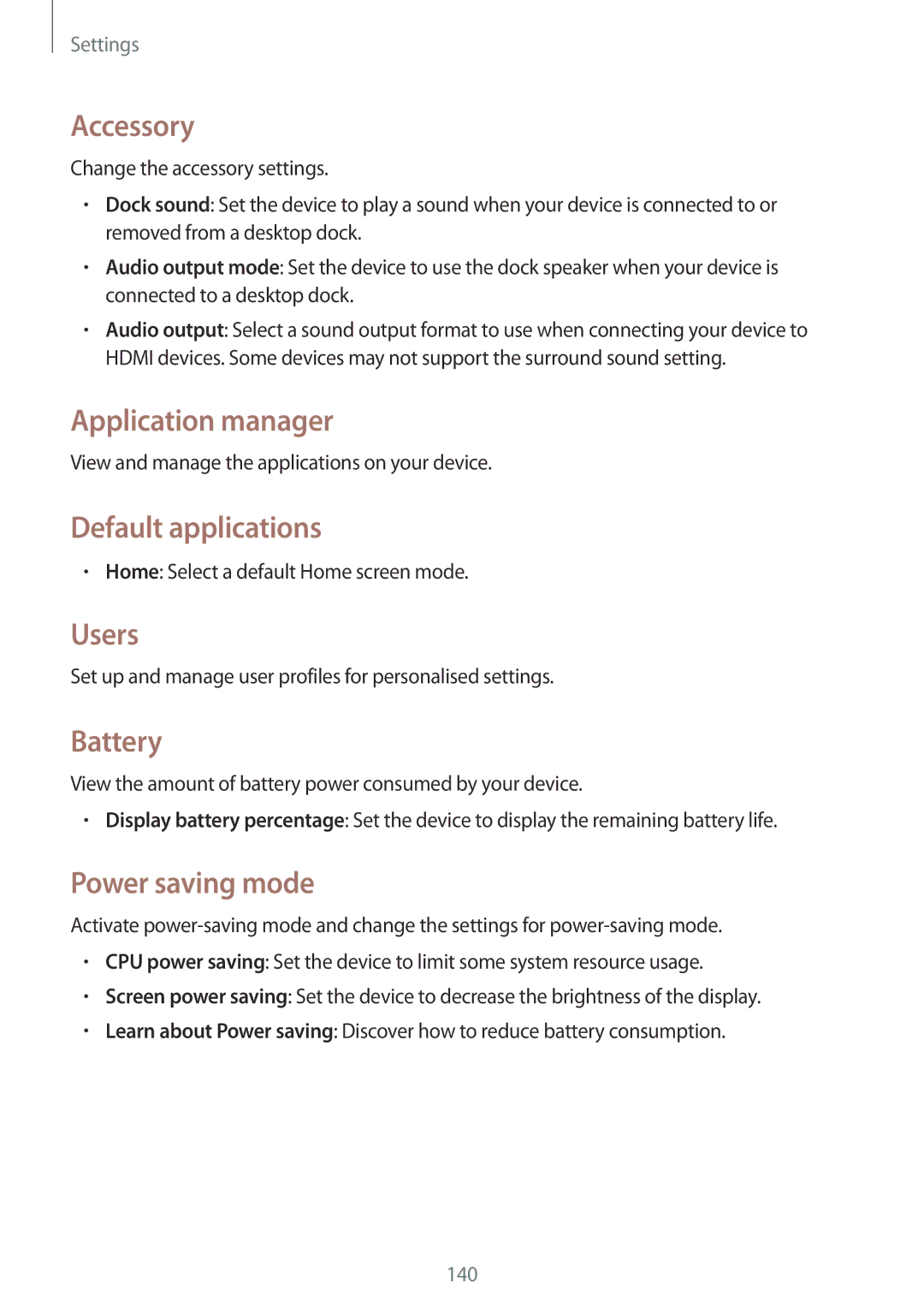 Samsung SM-T320NZWAEGY manual Accessory, Application manager, Default applications, Users, Battery, Power saving mode 