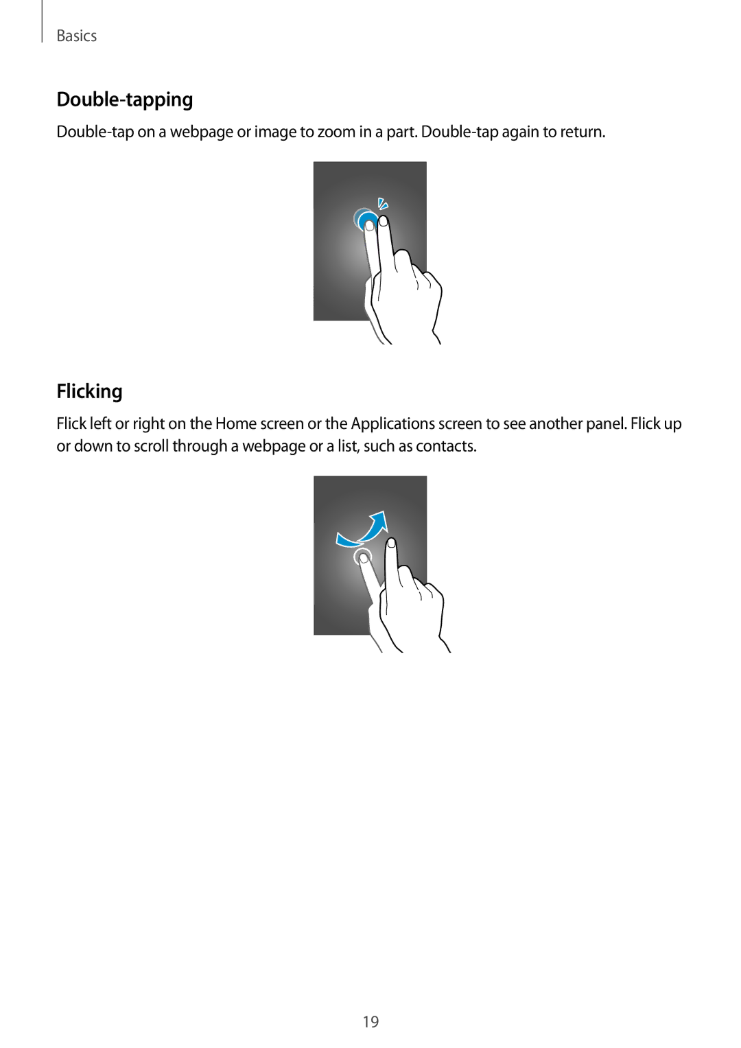 Samsung SM-T320NZWAKSA, SM-T320NZKAKSA, SM-T320NZWAEGY, SM-T320NZKAXSG, SM-T320NZWAXSG manual Double-tapping, Flicking 