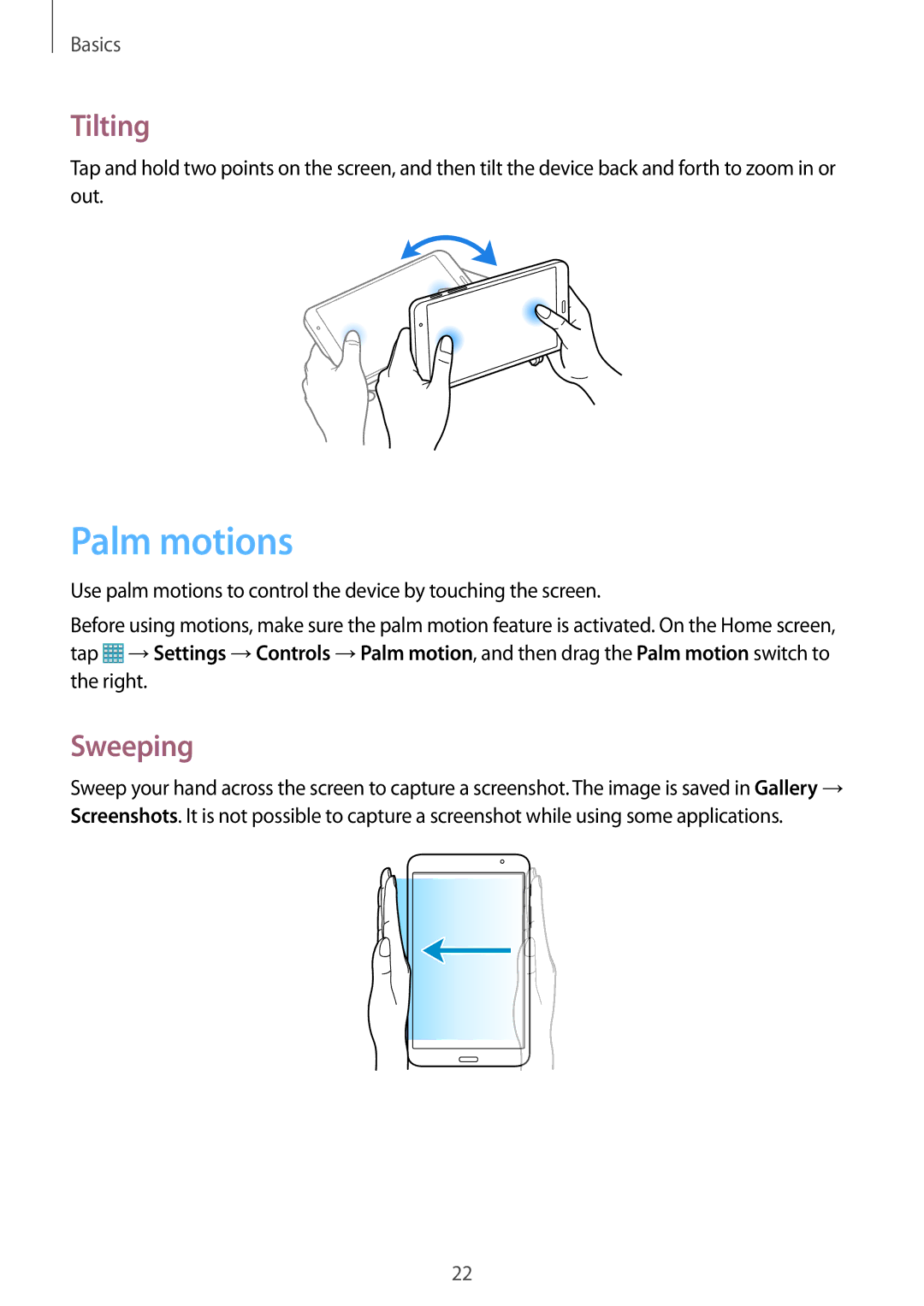 Samsung SM-T320NZWAXSG, SM-T320NZKAKSA, SM-T320NZWAKSA, SM-T320NZWAEGY, SM-T320NZKAXSG manual Palm motions, Tilting, Sweeping 