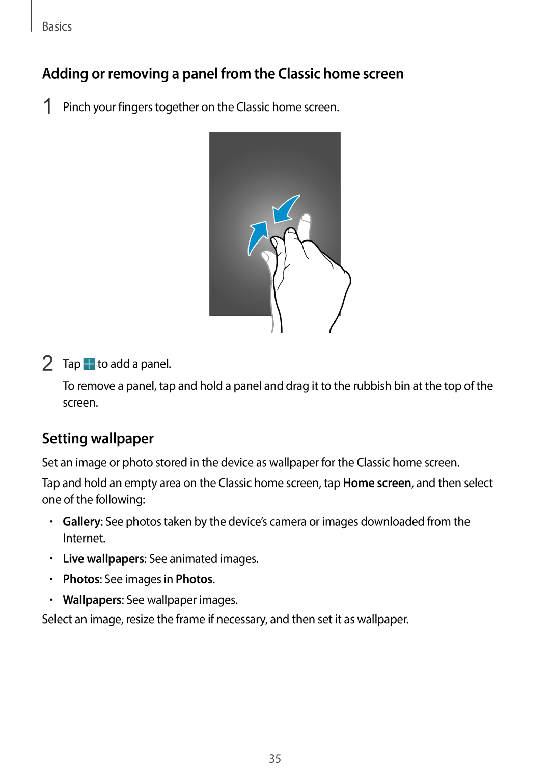 Samsung SM-T320NZKAEGY, SM-T320NZKAKSA manual Adding or removing a panel from the Classic home screen, Setting wallpaper 