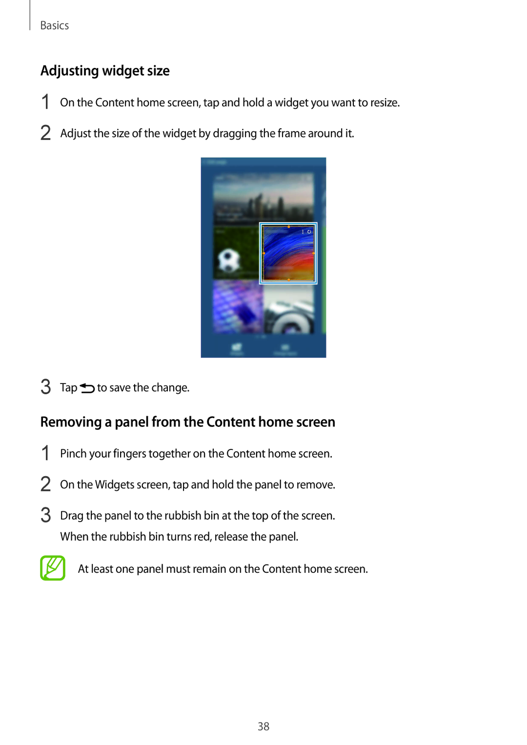 Samsung SM-T320NZWAEGY, SM-T320NZKAKSA, SM-T320NZWAKSA Adjusting widget size, Removing a panel from the Content home screen 