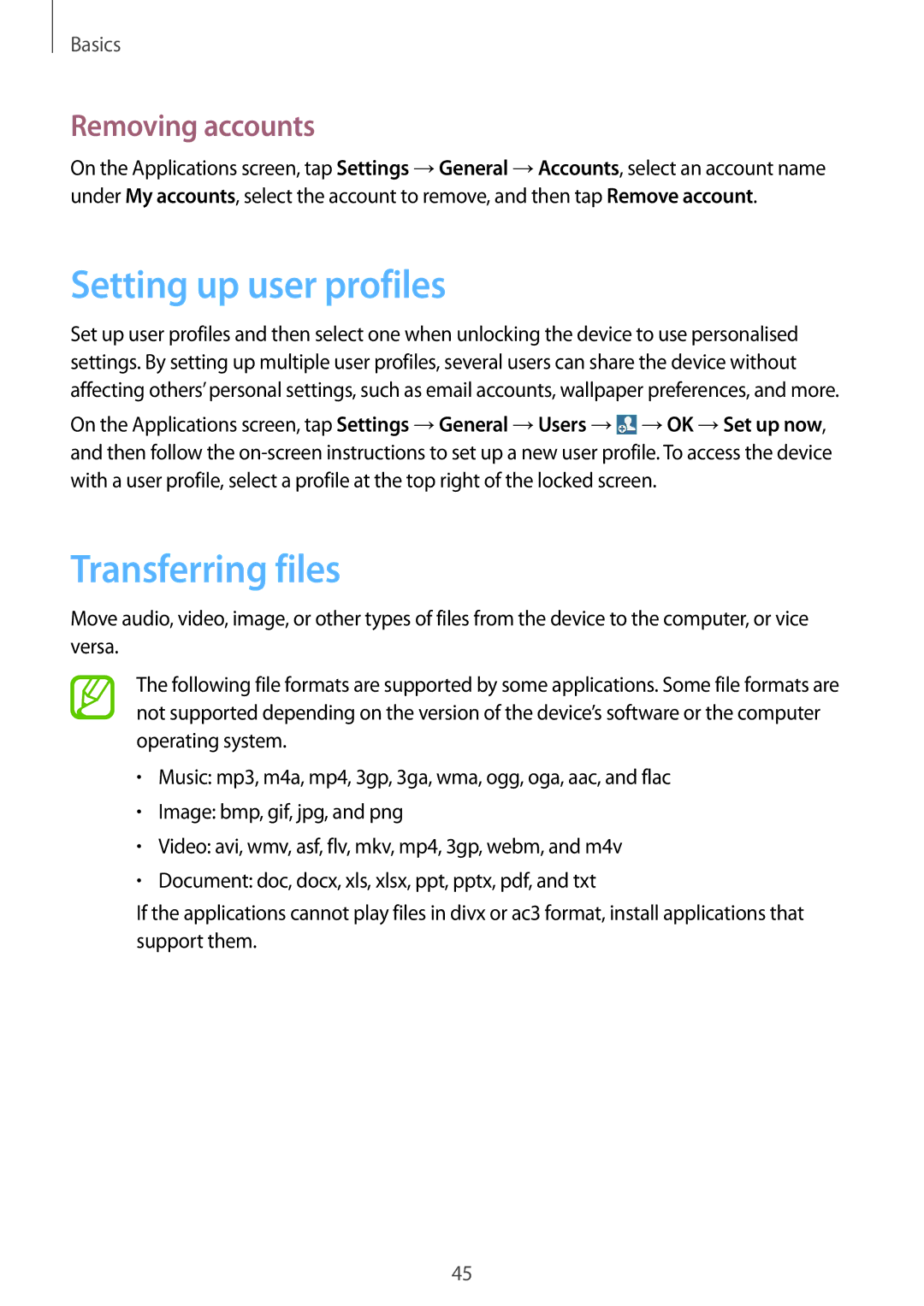 Samsung SM-T320NZKAXSG, SM-T320NZKAKSA, SM-T320NZWAKSA manual Setting up user profiles, Transferring files, Removing accounts 