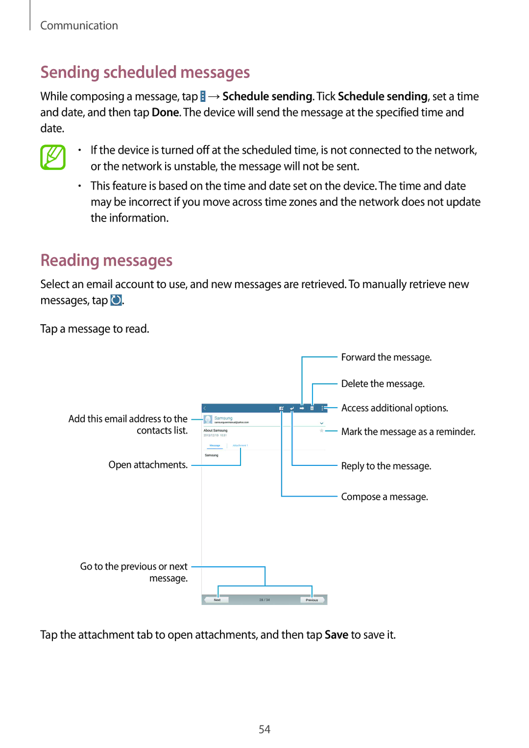 Samsung SM-T320NZKAKSA, SM-T320NZWAKSA, SM-T320NZWAEGY, SM-T320NZKAXSG manual Sending scheduled messages, Reading messages 