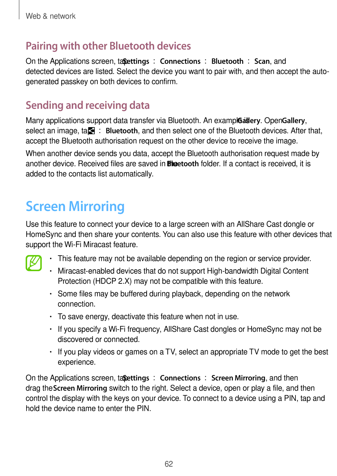 Samsung SM-T320NZWAEGY, SM-T320NZKAKSA Screen Mirroring, Pairing with other Bluetooth devices, Sending and receiving data 