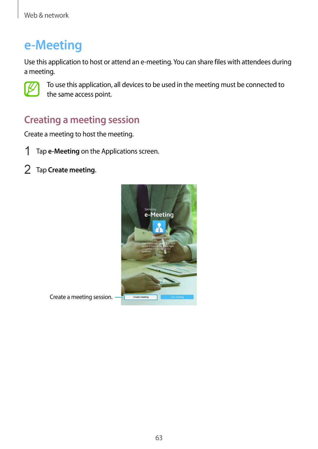 Samsung SM-T320NZKAXSG, SM-T320NZKAKSA, SM-T320NZWAKSA manual Meeting, Creating a meeting session, Tap Create meeting 