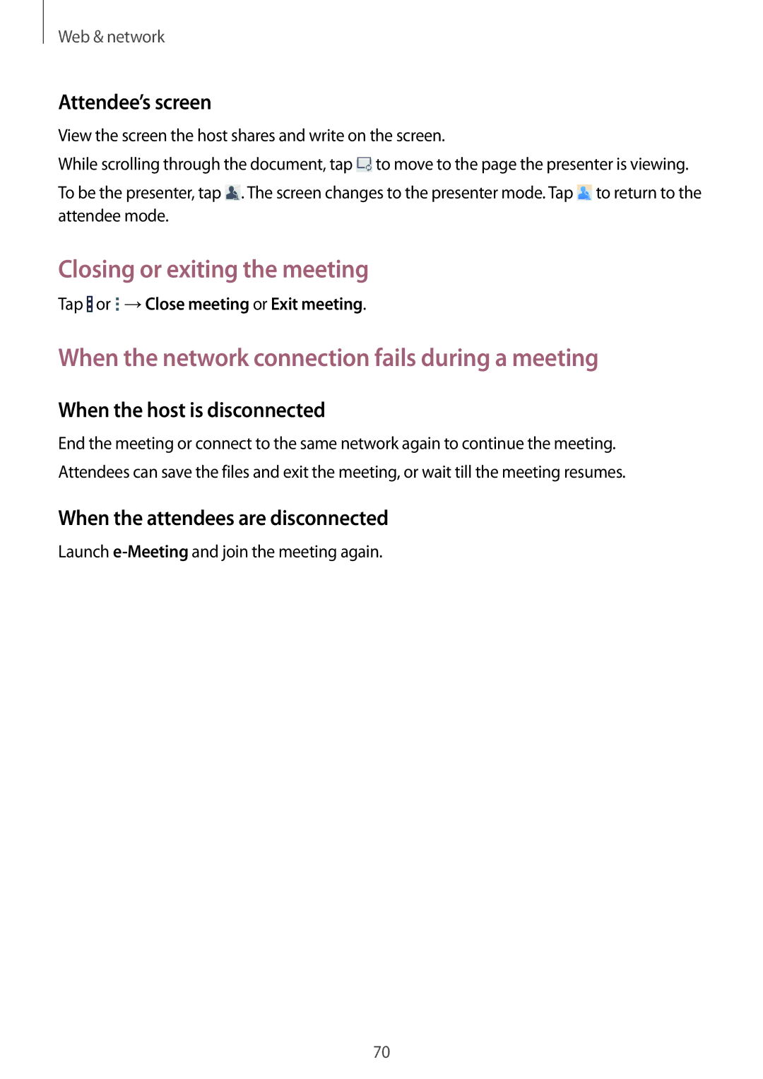 Samsung SM-T320NZWAXSG, SM-T320NZKAKSA Closing or exiting the meeting, When the network connection fails during a meeting 
