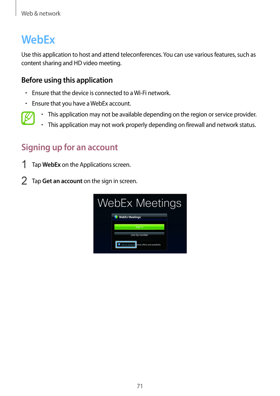 Samsung SM-T320NZKAEGY, SM-T320NZKAKSA, SM-T320NZWAKSA manual WebEx, Signing up for an account, Before using this application 
