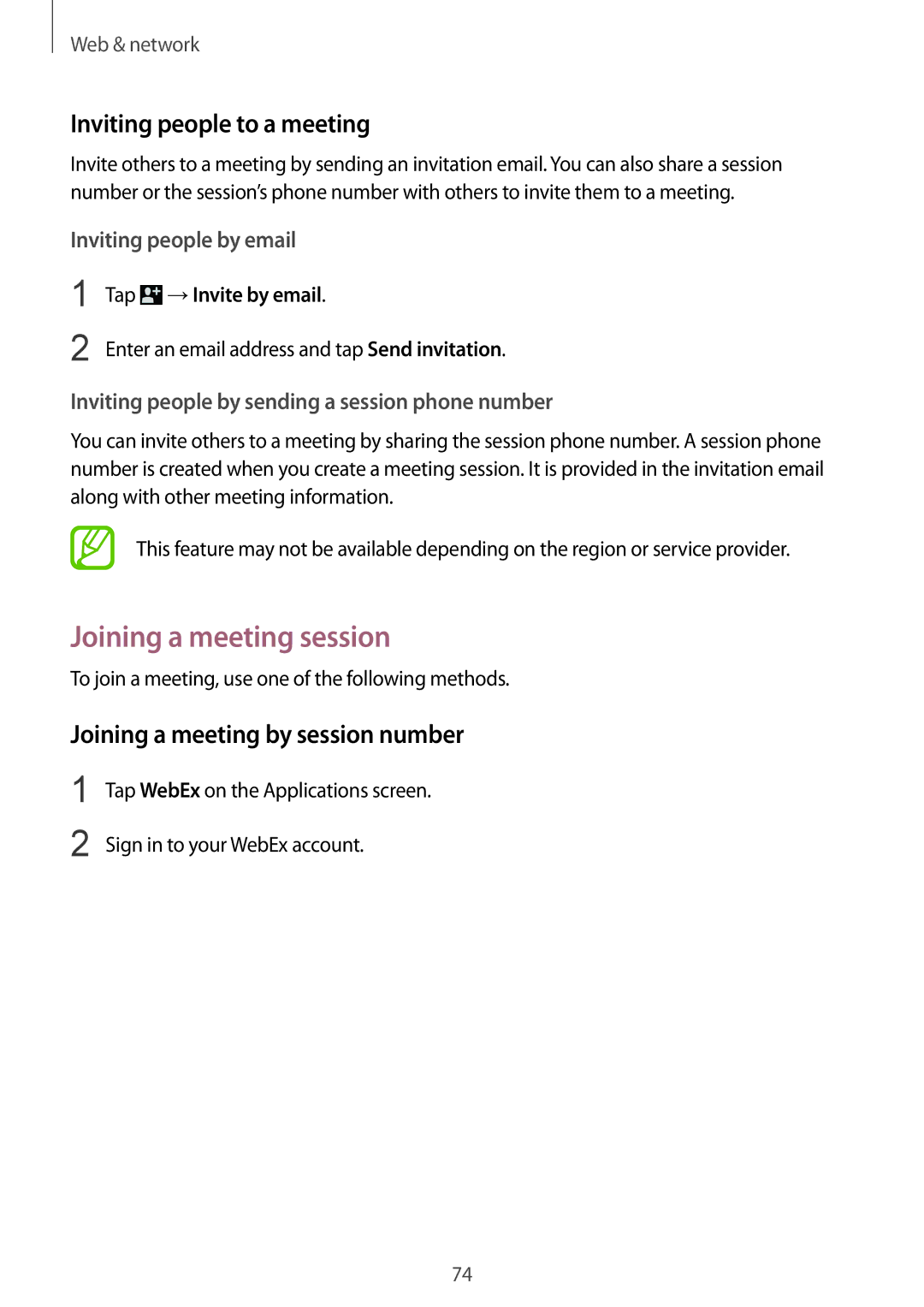 Samsung SM-T320NZWAEGY manual Joining a meeting session, Inviting people to a meeting, Joining a meeting by session number 