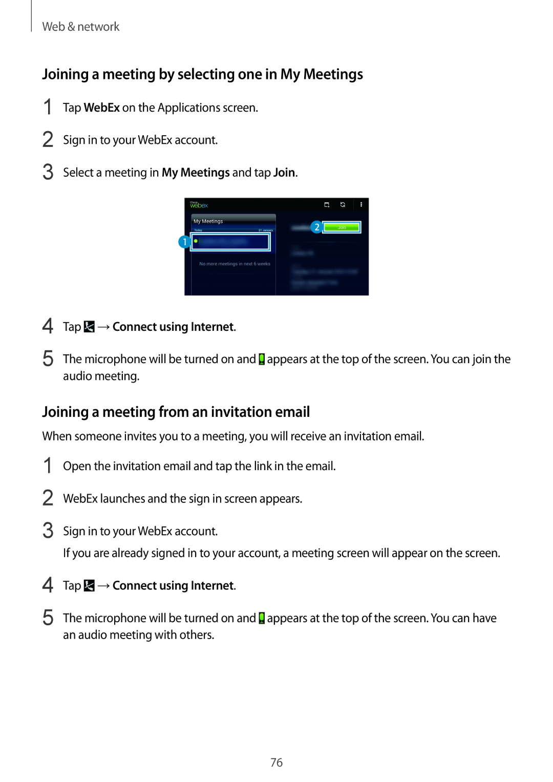 Samsung SM-T320NZWAXSG manual Joining a meeting by selecting one in My Meetings, Joining a meeting from an invitation email 