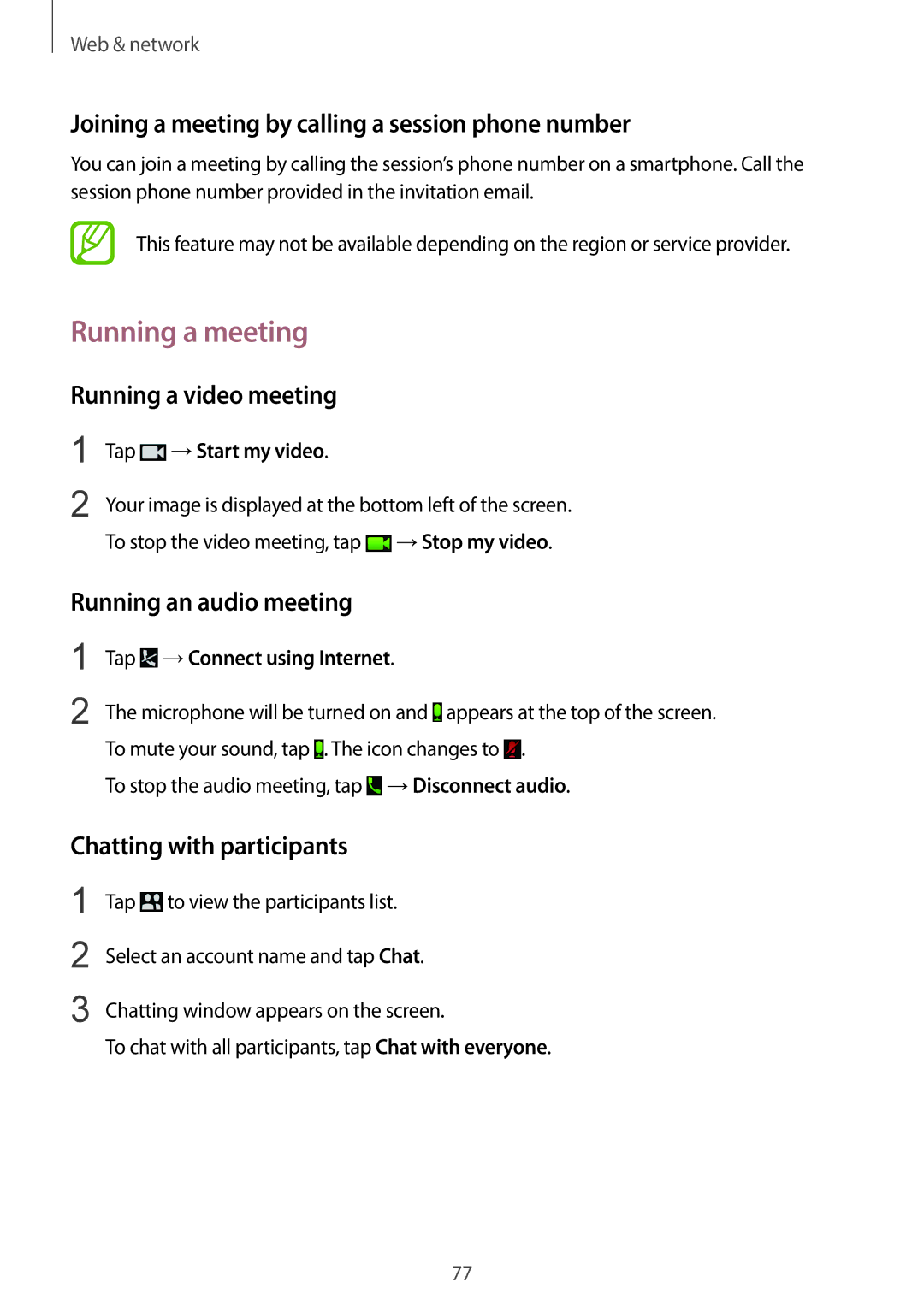 Samsung SM-T320NZKAEGY Running a meeting, Joining a meeting by calling a session phone number, Running a video meeting 