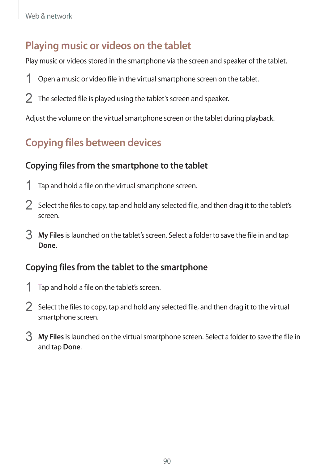 Samsung SM-T320NZKAKSA, SM-T320NZWAKSA, SM-T320NZWAEGY Playing music or videos on the tablet, Copying files between devices 