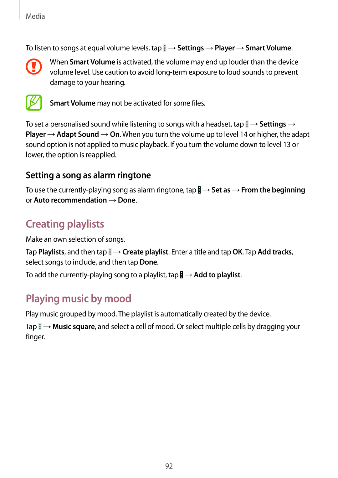 Samsung SM-T320NZWAEGY, SM-T320NZKAKSA manual Creating playlists, Playing music by mood, Setting a song as alarm ringtone 
