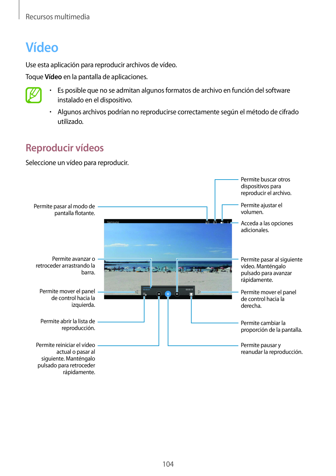 Samsung SM-T320NZKATPH Vídeo, Reproducir vídeos, Recursos multimedia, Permite avanzar o retroceder arrastrando la barra 