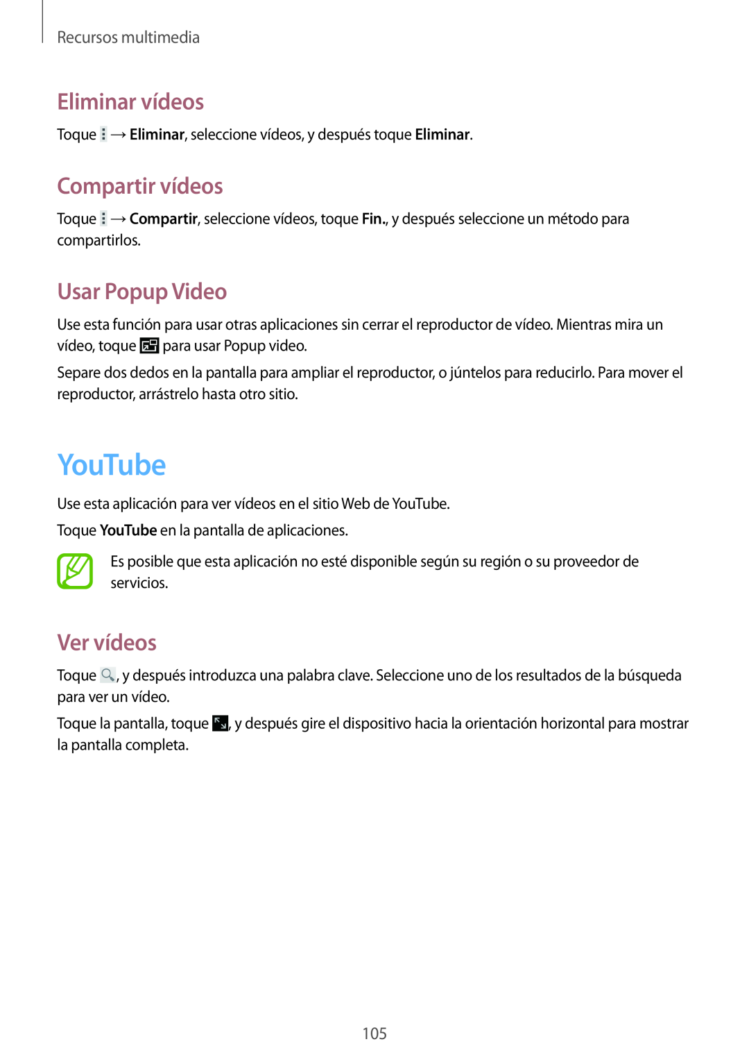Samsung SM-T320NZWATPH manual YouTube, Eliminar vídeos, Compartir vídeos, Usar Popup Video, Ver vídeos, Recursos multimedia 