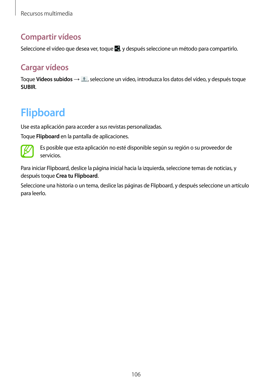 Samsung SM-T320NZWADBT, SM-T320NZKATPH manual Flipboard, Cargar vídeos, Subir, Compartir vídeos, Recursos multimedia 