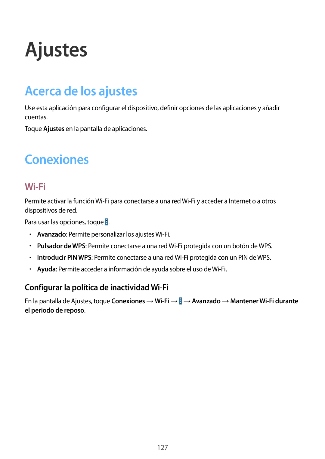 Samsung SM-T320NZWAXEO manual Ajustes, Acerca de los ajustes, Conexiones, Configurar la política de inactividad Wi-Fi 