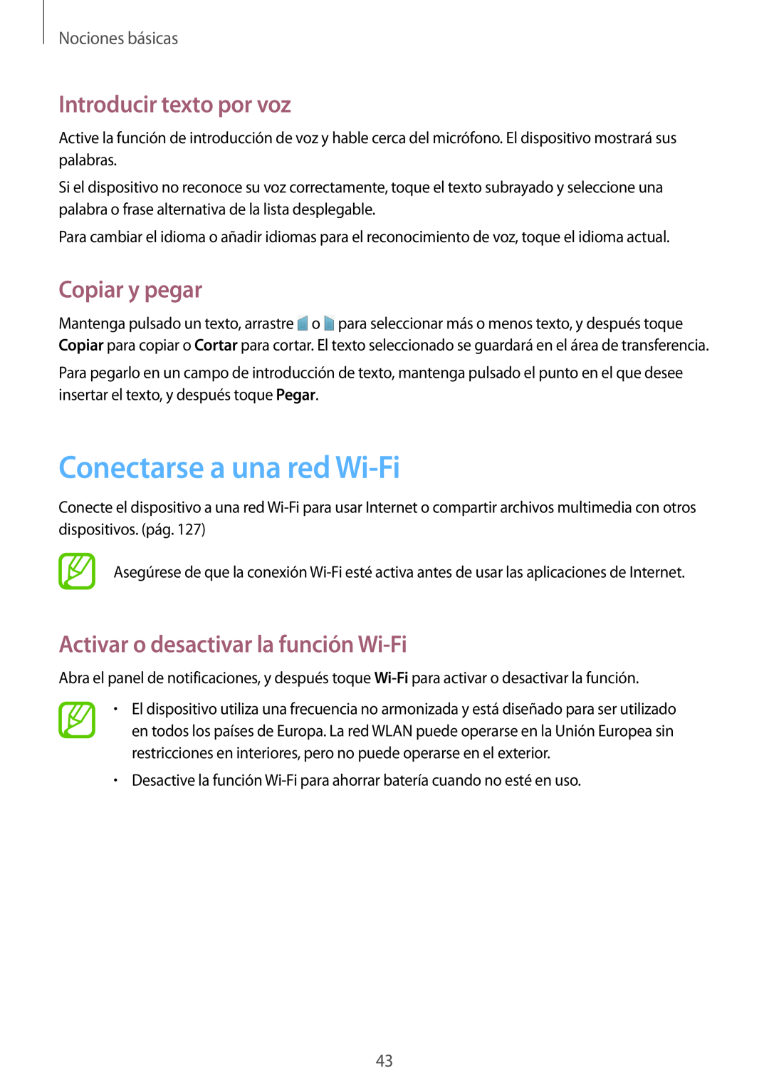 Samsung SM-T320NZWAPHE manual Conectarse a una red Wi-Fi, Introducir texto por voz, Copiar y pegar, Nociones básicas 