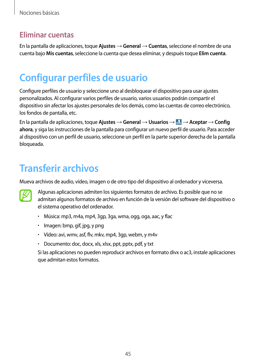 Samsung SM-T320NZKAPHE manual Configurar perfiles de usuario, Transferir archivos, Eliminar cuentas, Nociones básicas 