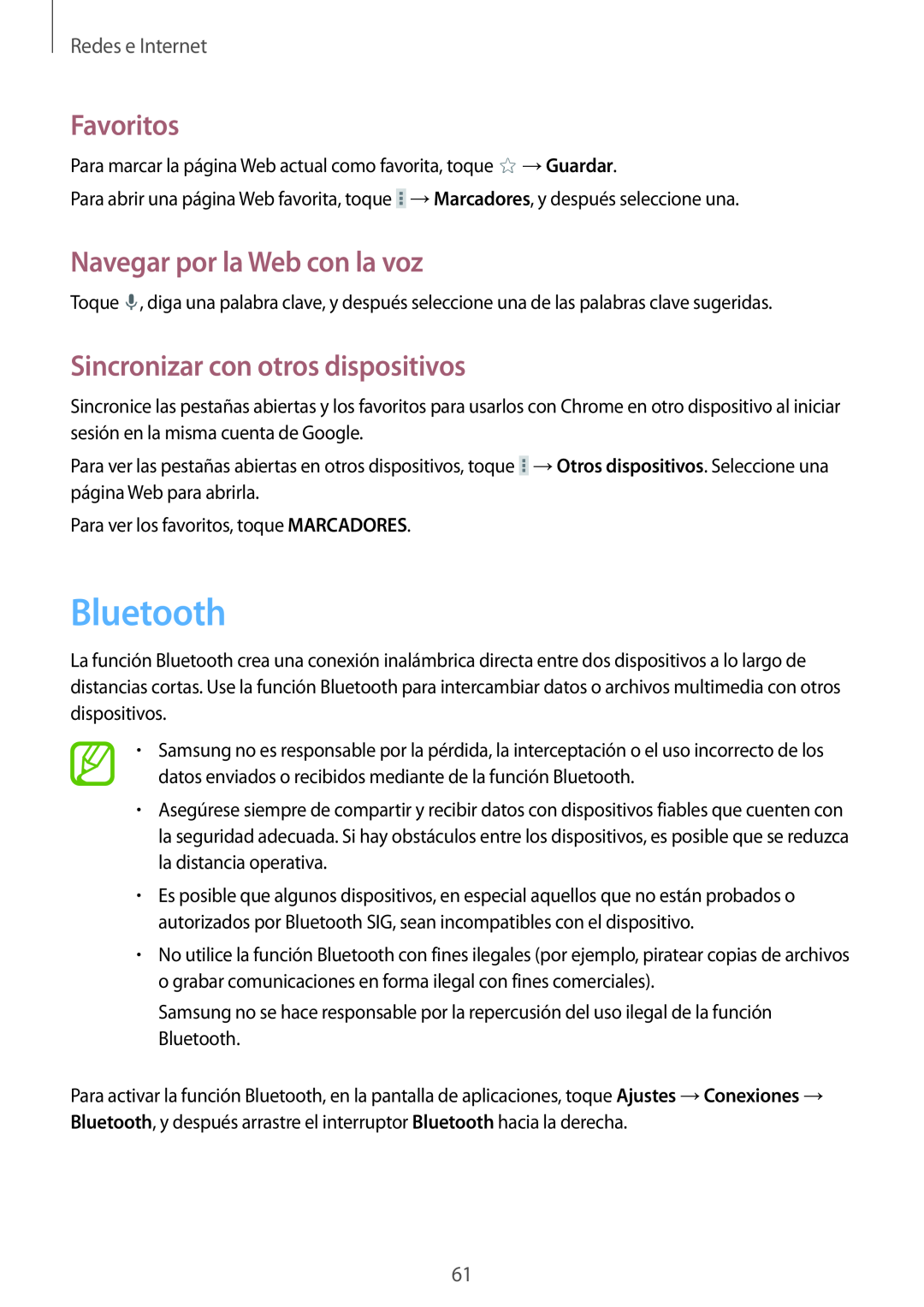 Samsung SM-T320NZKAPHE manual Bluetooth, Sincronizar con otros dispositivos, Favoritos, Navegar por la Web con la voz 