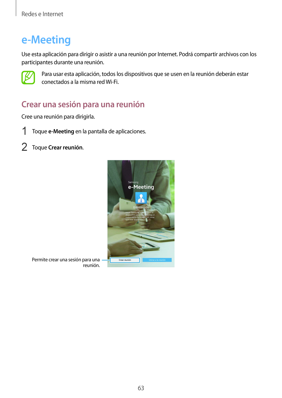 Samsung SM-T320NZWAXEO, SM-T320NZKATPH e-Meeting, Crear una sesión para una reunión, Toque Crear reunión, Redes e Internet 