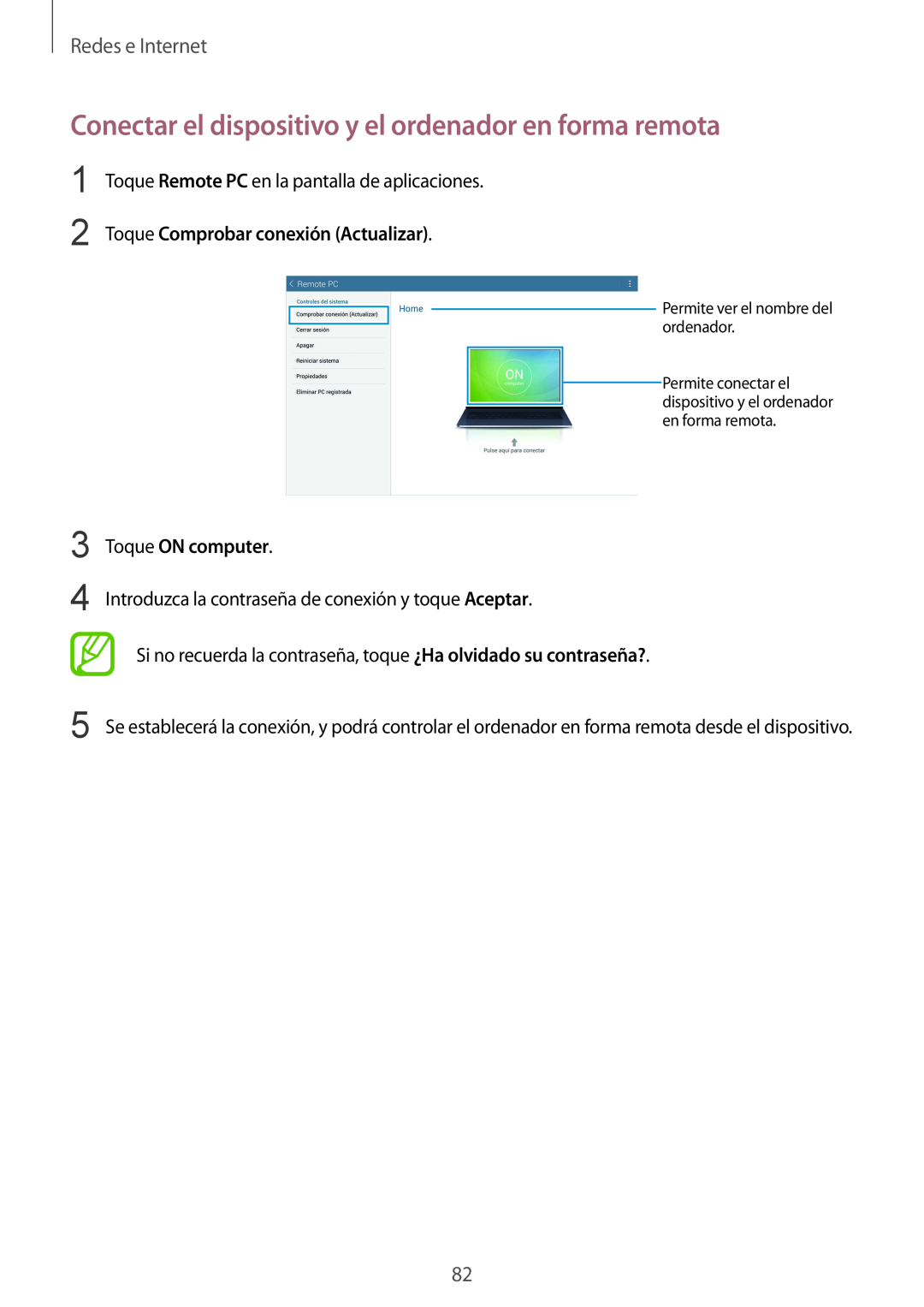 Samsung SM-T320NZWADBT manual Conectar el dispositivo y el ordenador en forma remota, Toque Comprobar conexión Actualizar 