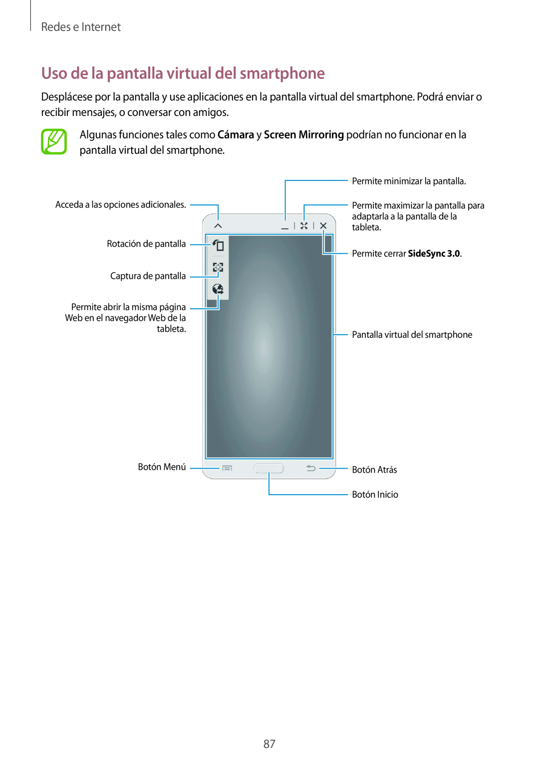 Samsung SM-T320NZWAXEO, SM-T320NZKATPH, SM-T320NZWATPH manual Uso de la pantalla virtual del smartphone, Redes e Internet 