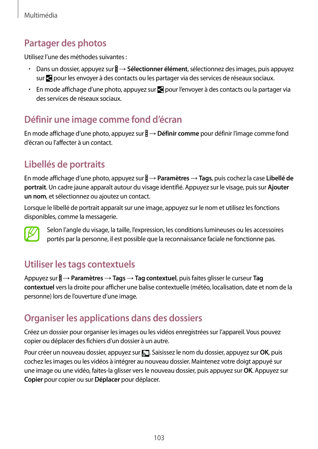 Samsung SM-T320XZWAXEF manual Définir une image comme fond d’écran, Libellés de portraits, Utiliser les tags contextuels 