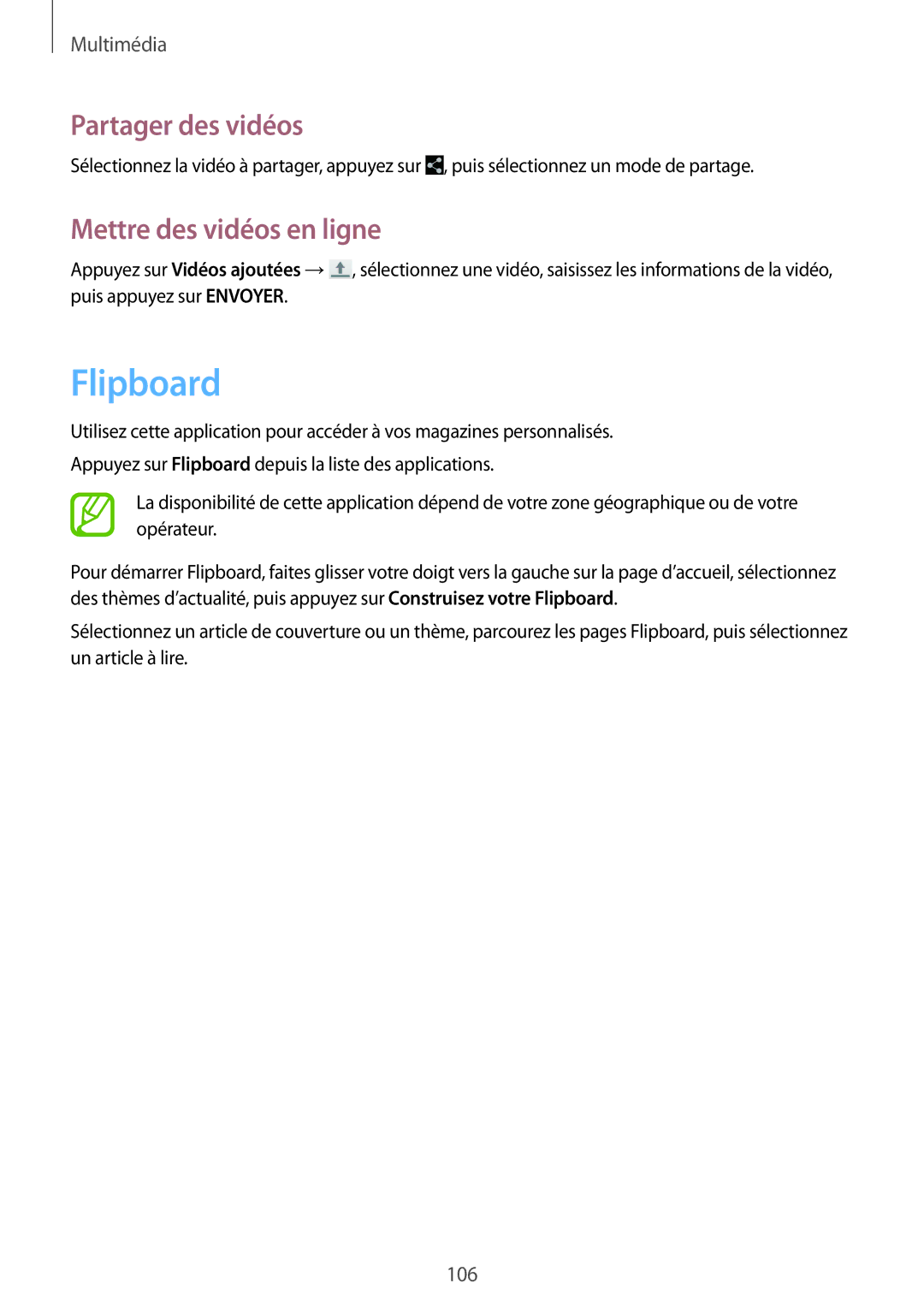 Samsung SM-T320XZWAXEF, SM-T320NZKAXEF, SM-T320NZWAXEF manual Flipboard, Mettre des vidéos en ligne 