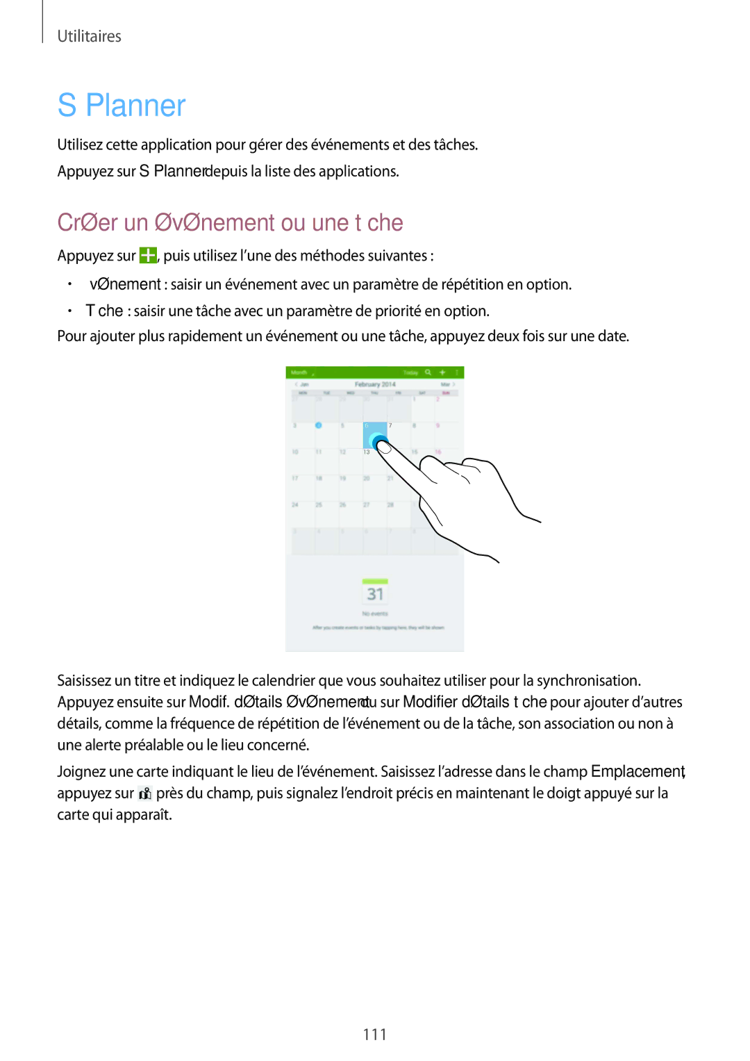 Samsung SM-T320NZKAXEF, SM-T320XZWAXEF, SM-T320NZWAXEF manual Planner, Créer un événement ou une tâche 