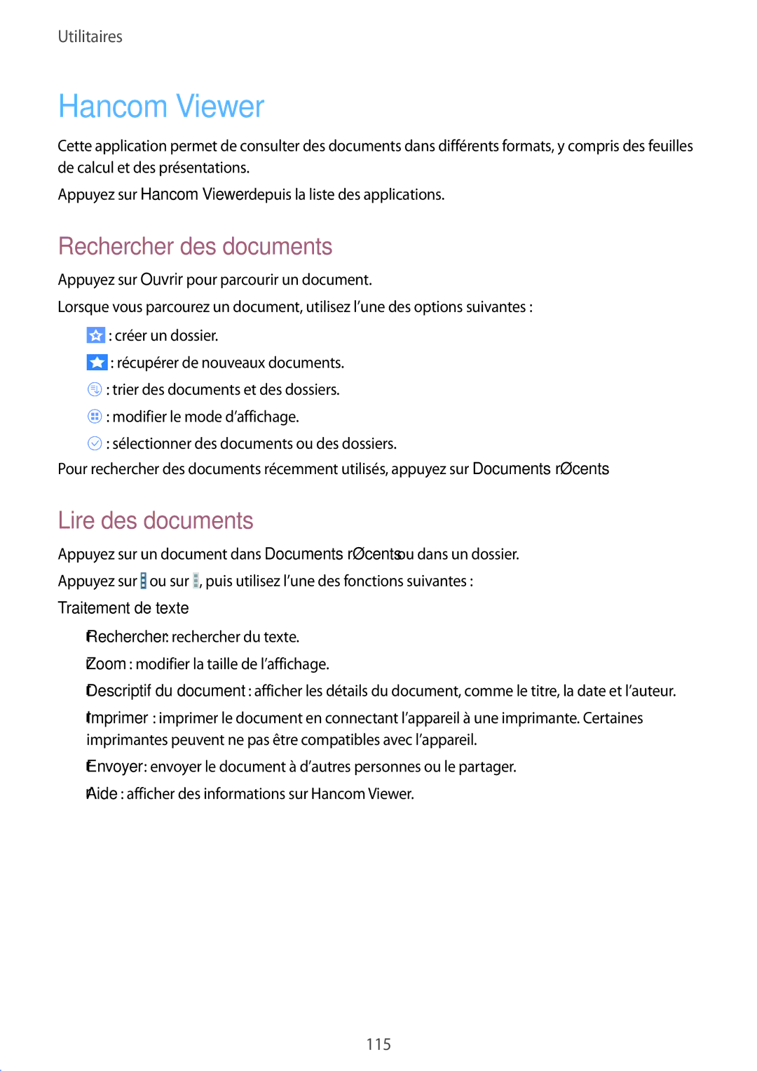 Samsung SM-T320XZWAXEF, SM-T320NZKAXEF Hancom Viewer, Rechercher des documents, Lire des documents, Traitement de texte 
