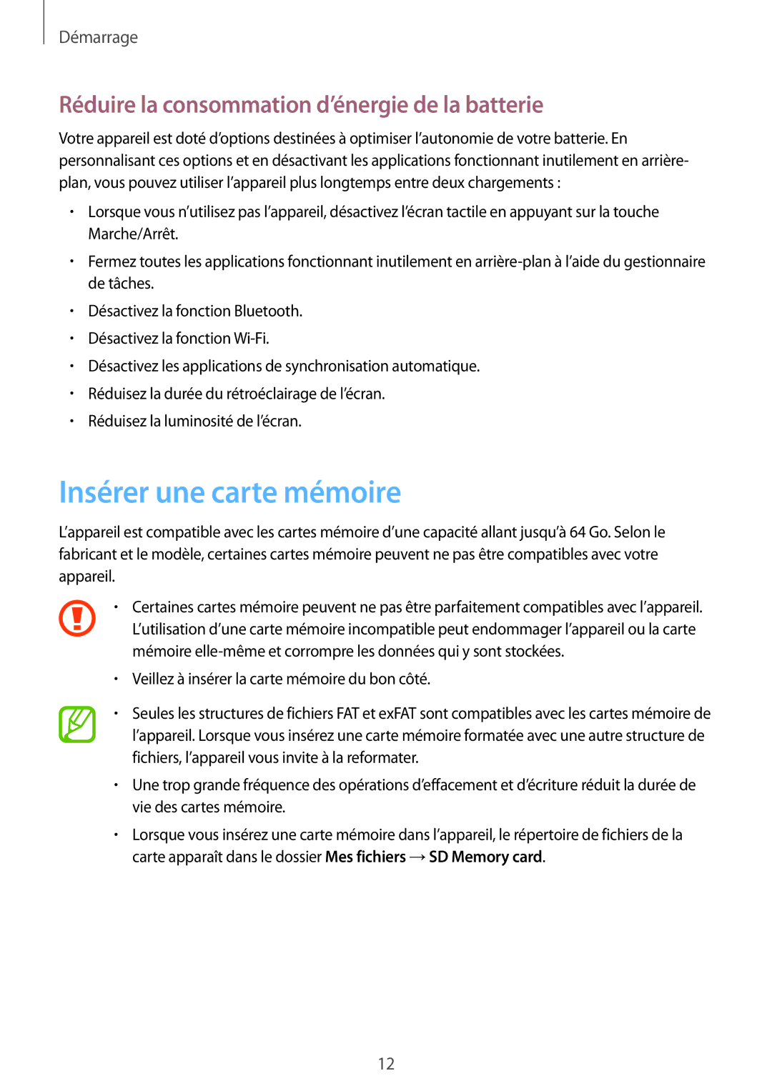 Samsung SM-T320NZKAXEF, SM-T320XZWAXEF manual Insérer une carte mémoire, Réduire la consommation d’énergie de la batterie 
