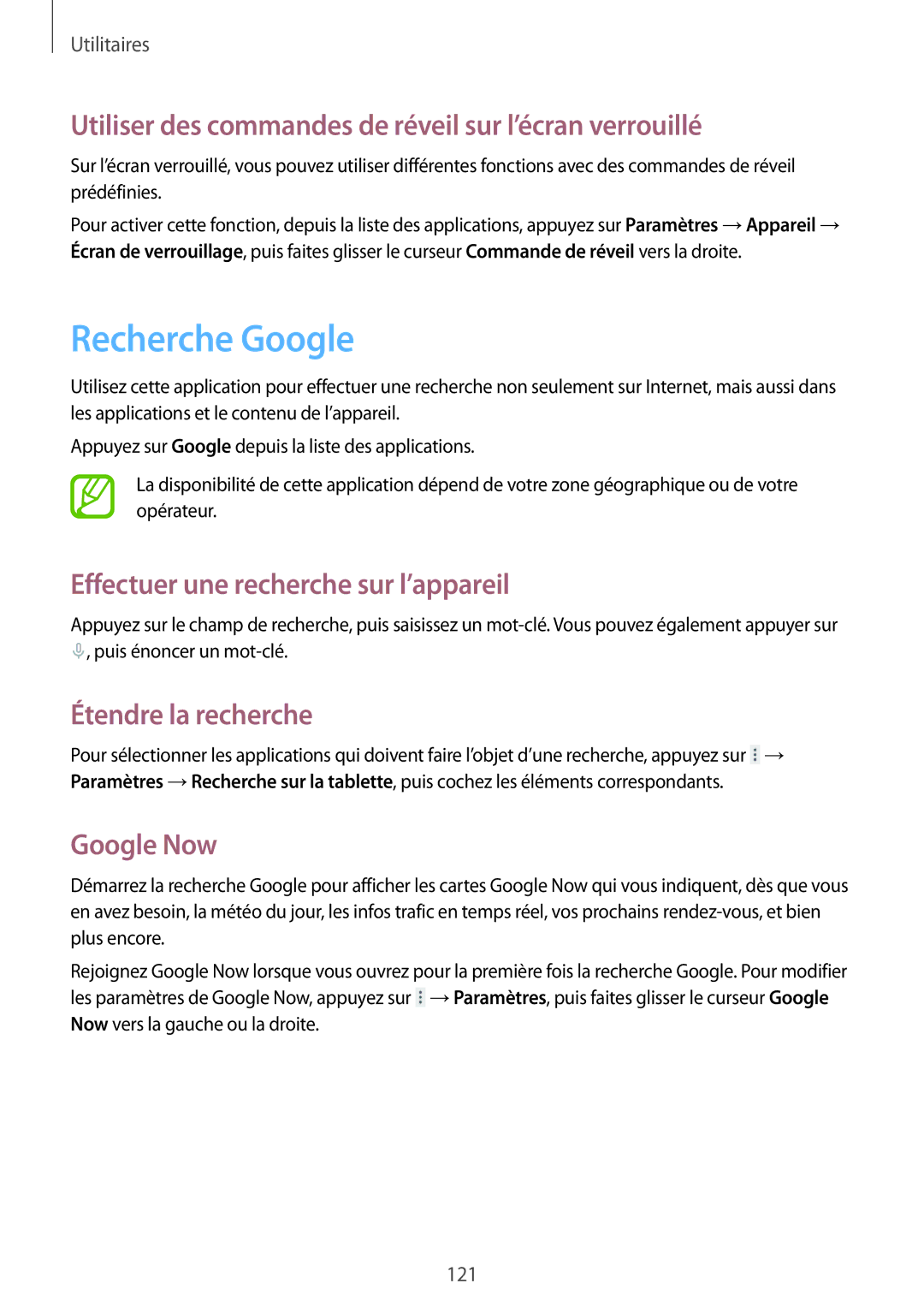 Samsung SM-T320XZWAXEF Recherche Google, Utiliser des commandes de réveil sur l’écran verrouillé, Étendre la recherche 